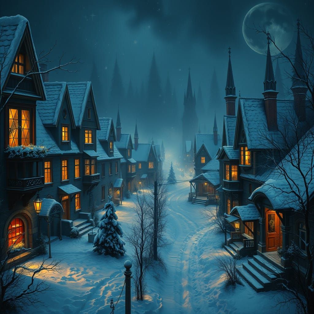 Winter Nights Aglow in Art Nouveau Style