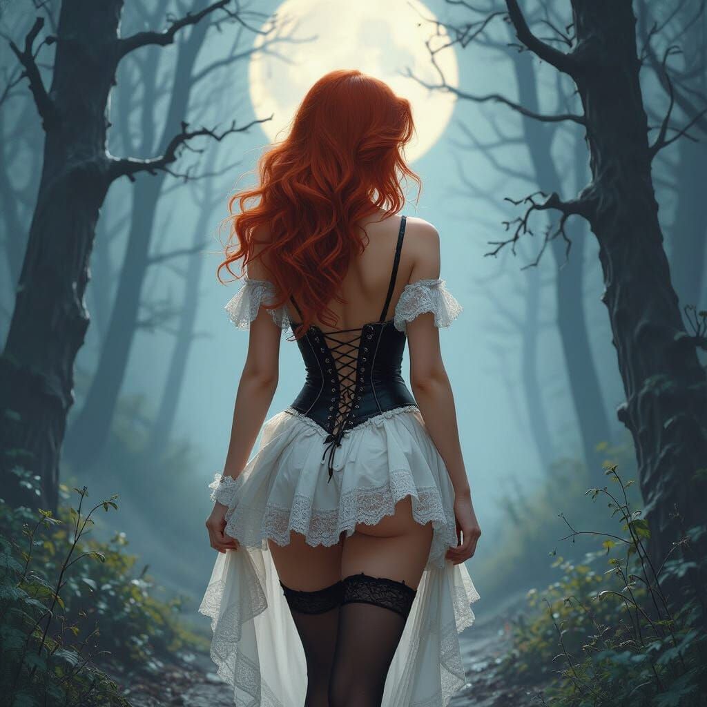 Redhead Goddess in Misty Forest, Fantasy Art
