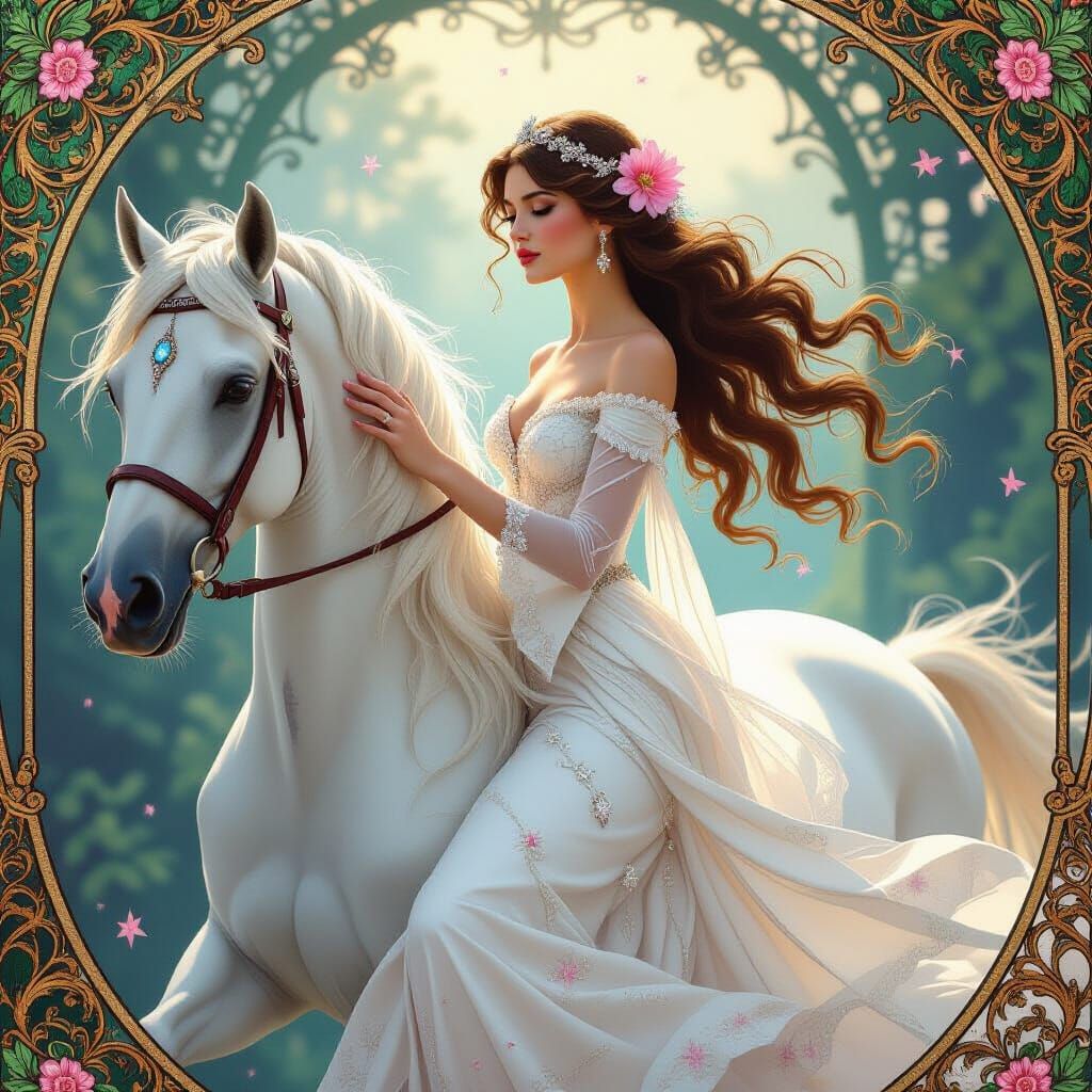 Mystical Woman on White Horse in Fantasy Art Style