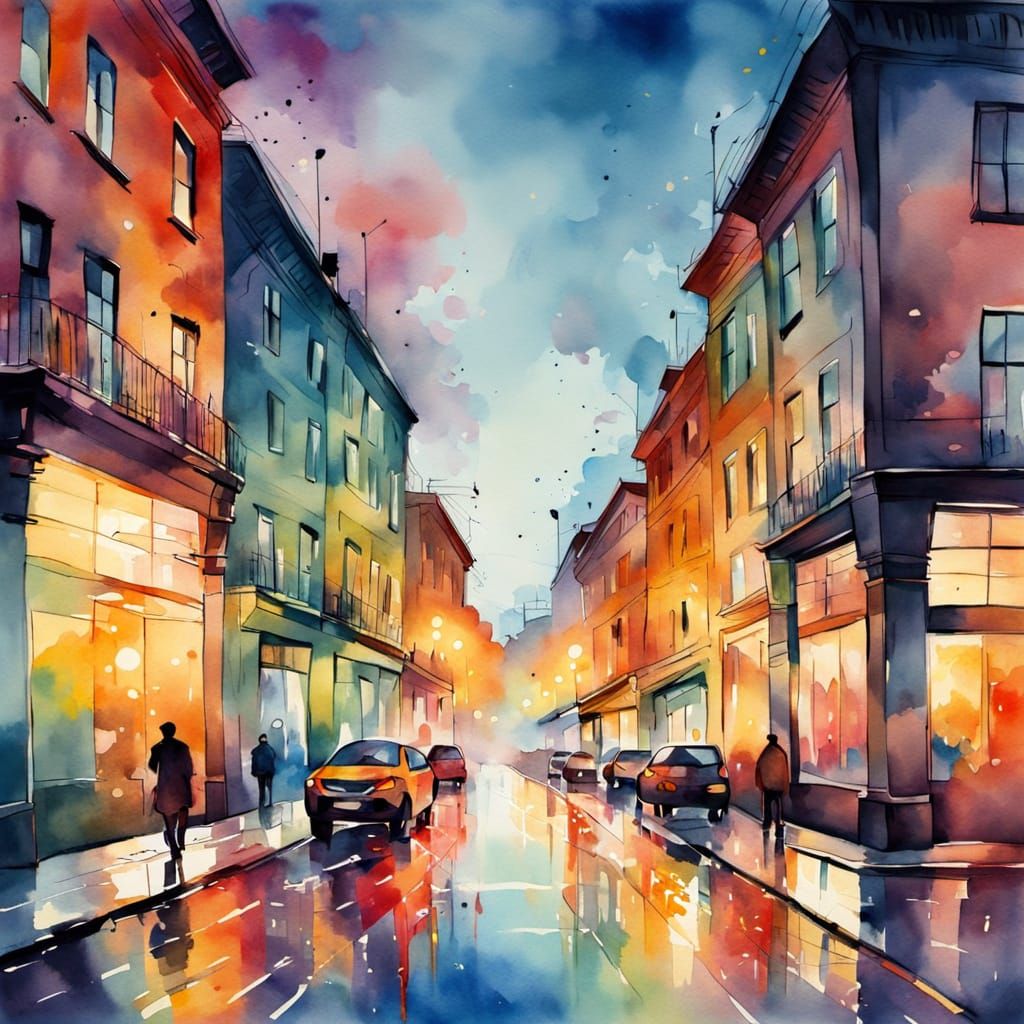 Empty City Street at Dawn in Watercolour