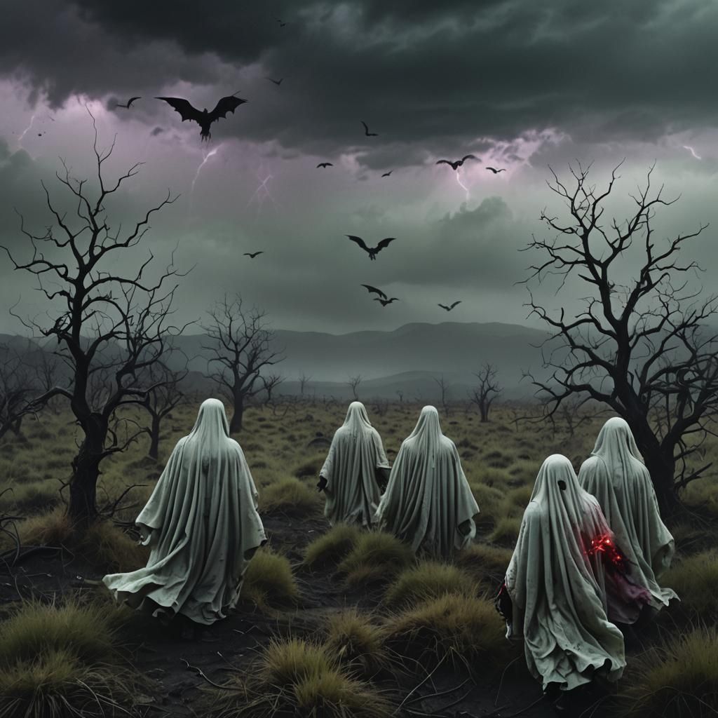 Dark Fantasy Realm with Flying Ghosts and Magic