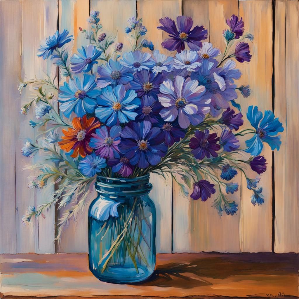 Blue and Purple Wildflower Bouquet: Impressionistic Open Bru...