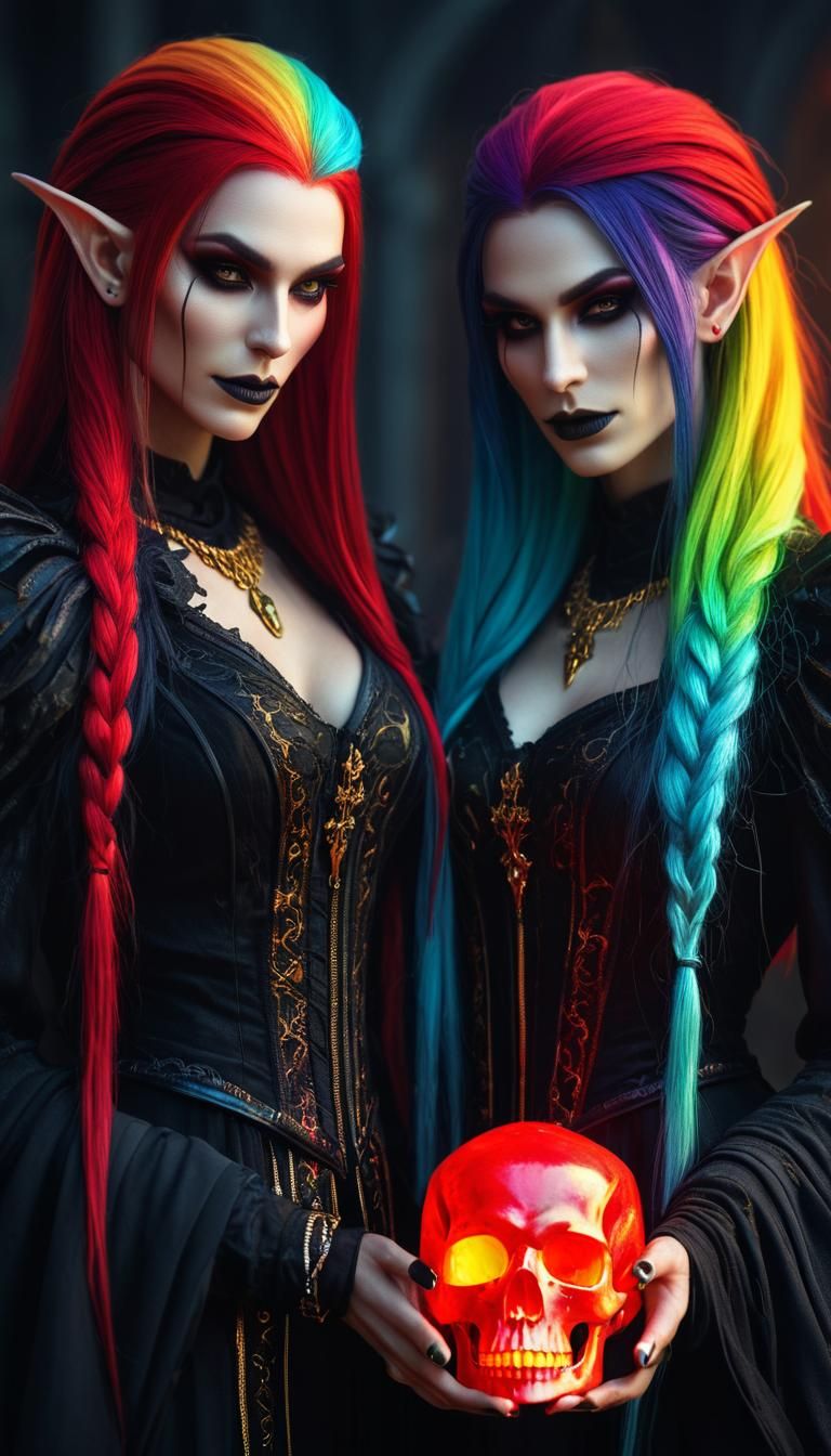 Two demon dark elf girls with long neon rainbow hair, holdin...