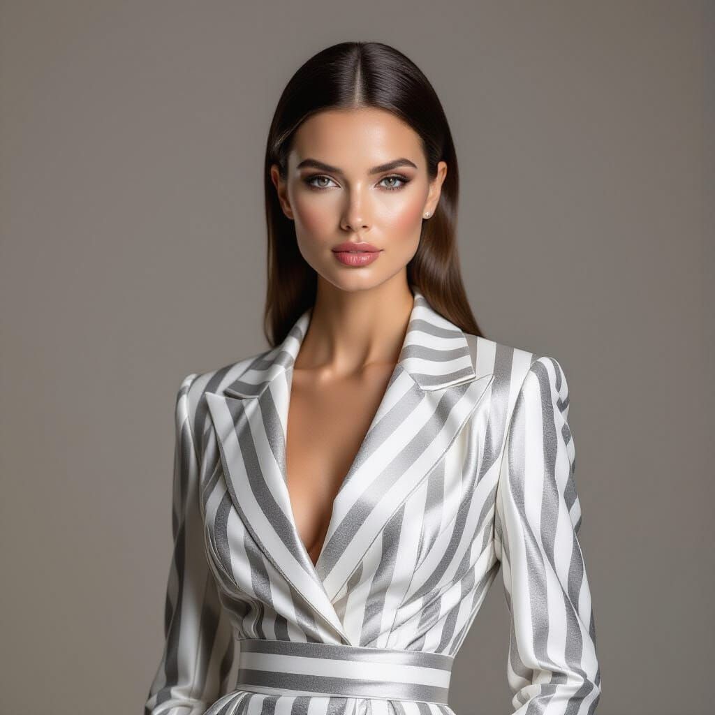 Glamorous Woman in Sculpted Silver Gown: Studio Portrait