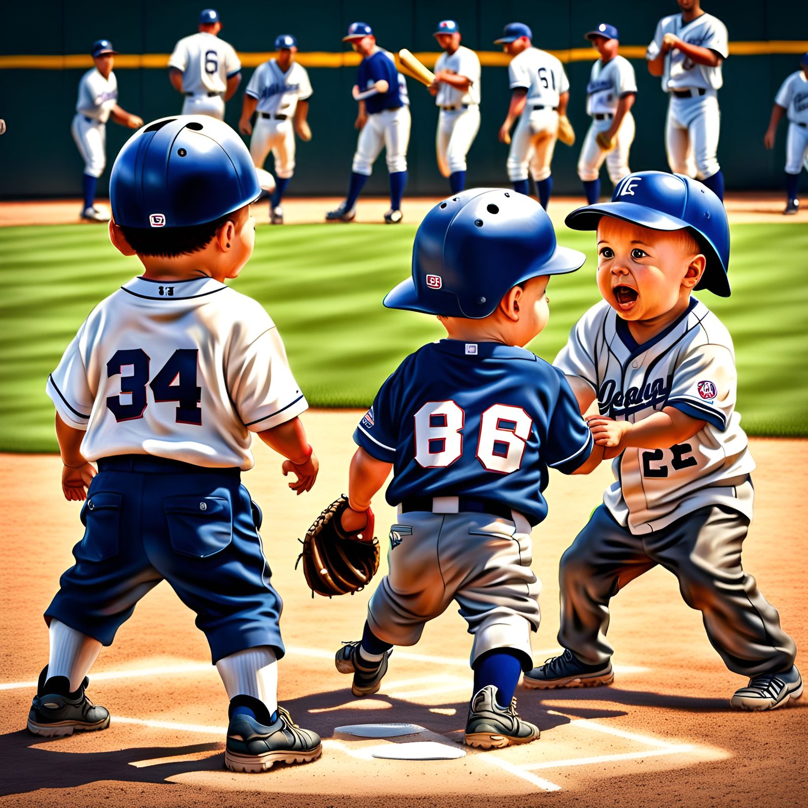 Toddlers Playing Baseball in Hyperrealistic Style