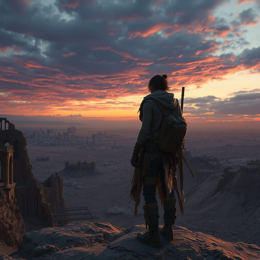 Post-Apocalyptic Desert Wanderer at City Ruins
