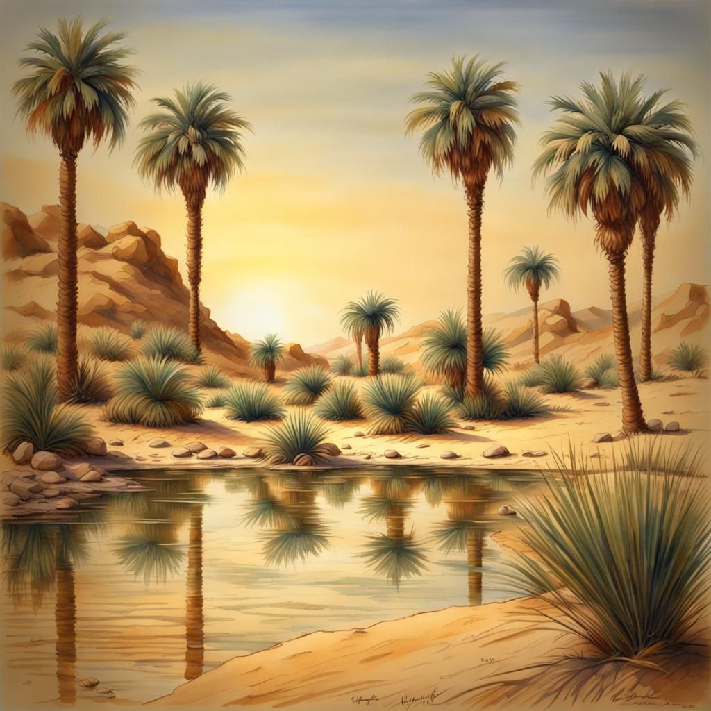 Egyptian Oasis Scene in Vintage Watercolor Style