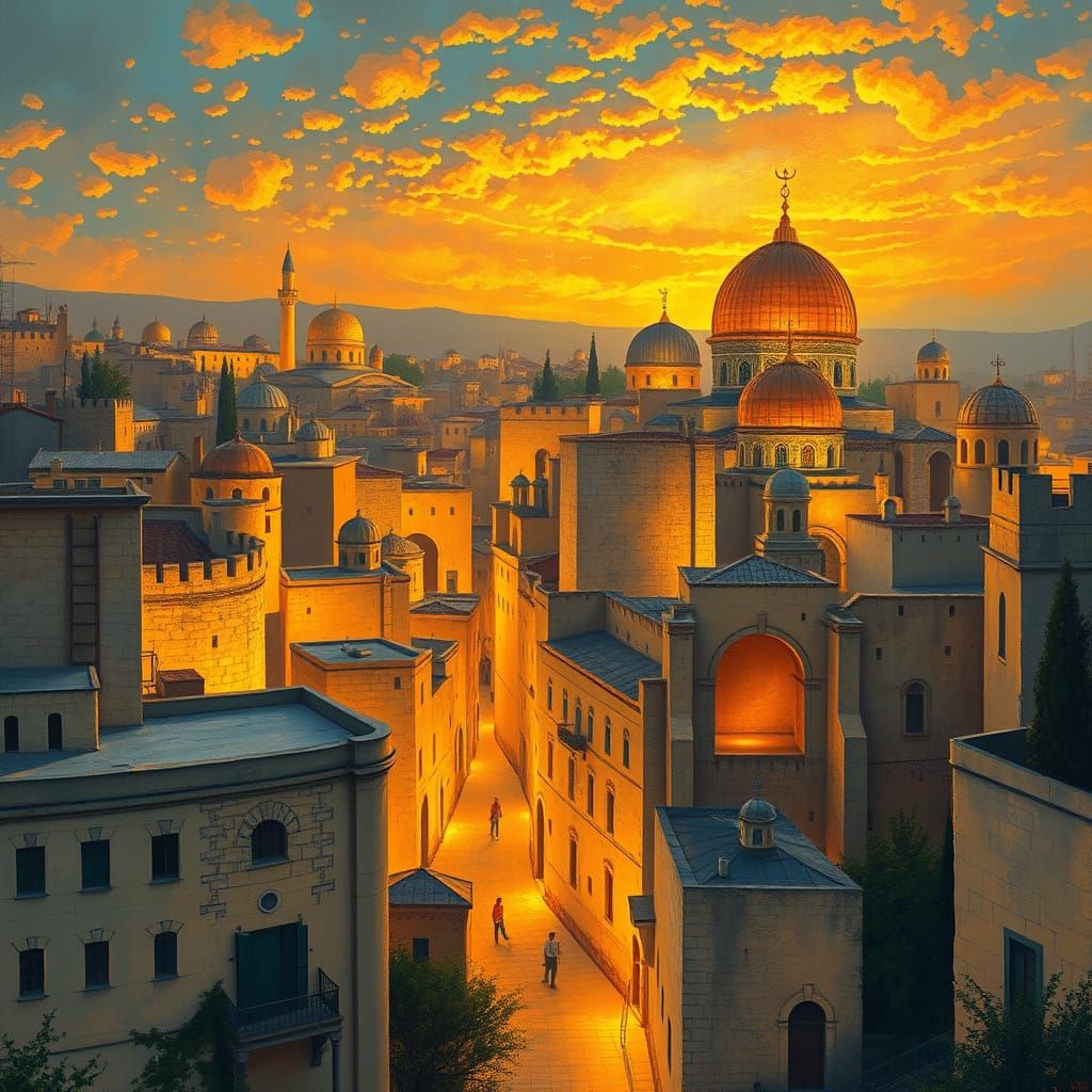 Golden Jerusalem Cityscape with Copper Accents and Ethereal ...