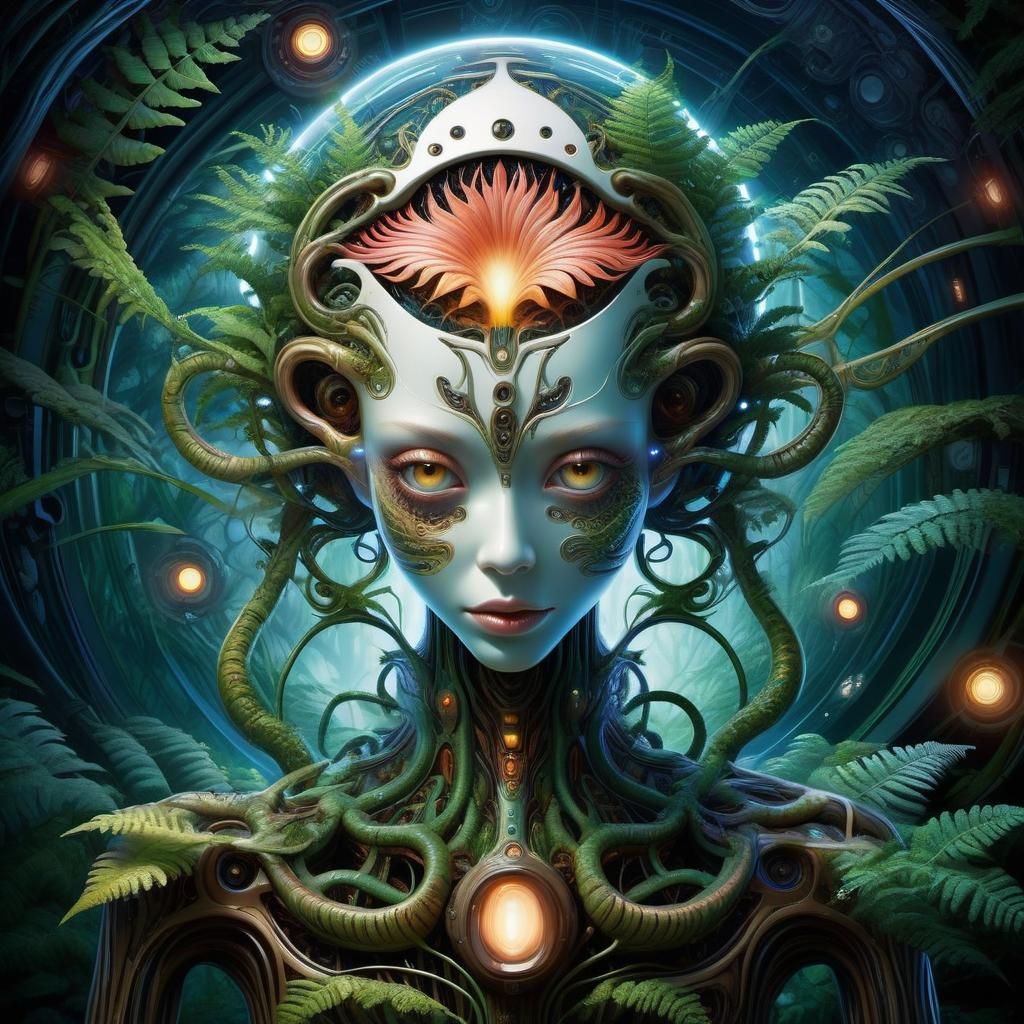 Mystical Flora Infusion: AI Face in Biomechanical Forest