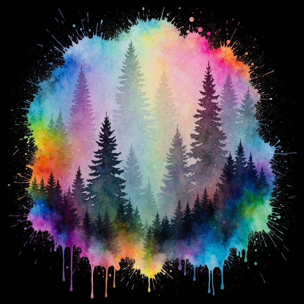 Ethereal Watercolor Forest Scene with Vibrant Colors