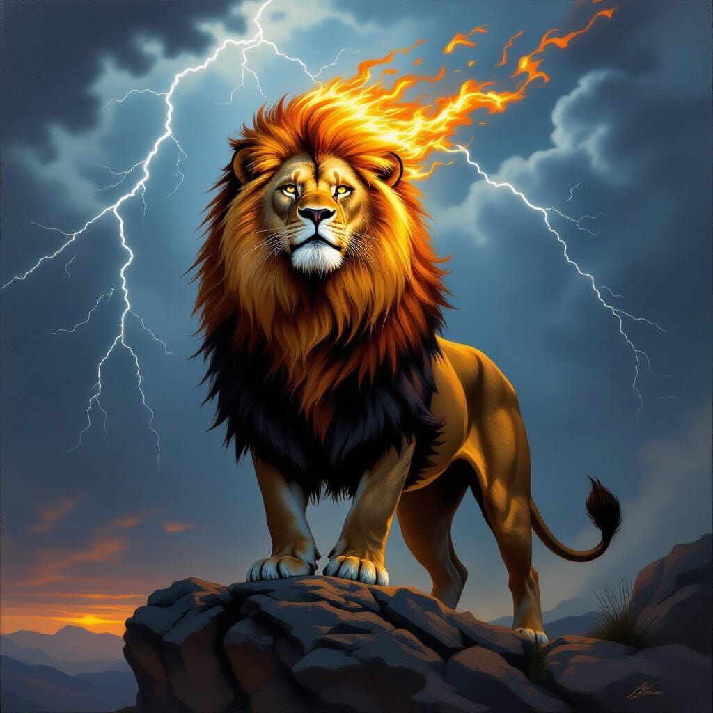 Fiery Lion on Rocky Crag in Oil Painting Style