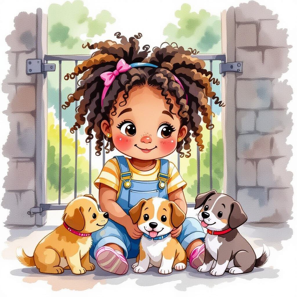 Girl with Puppies in Watercolor Style