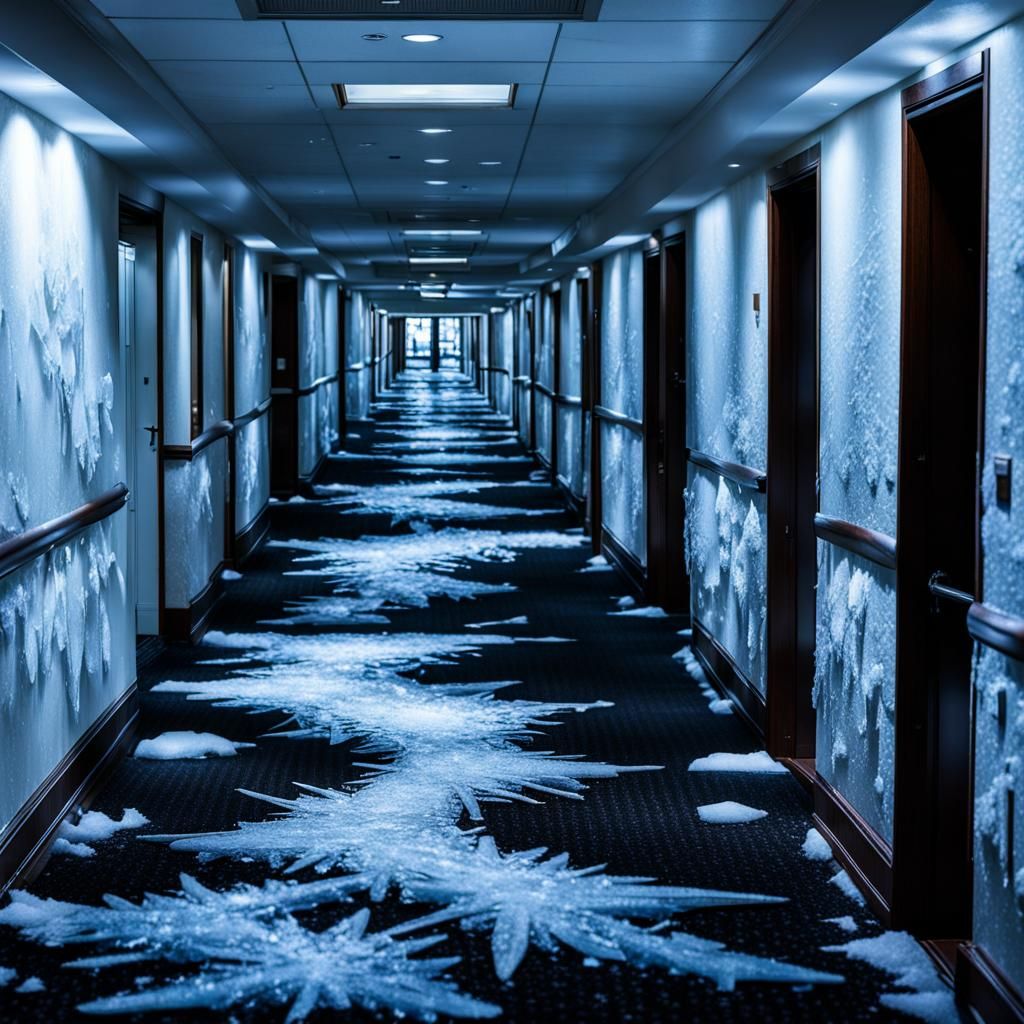 Icy Enigma: Frozen Hotel Hallway