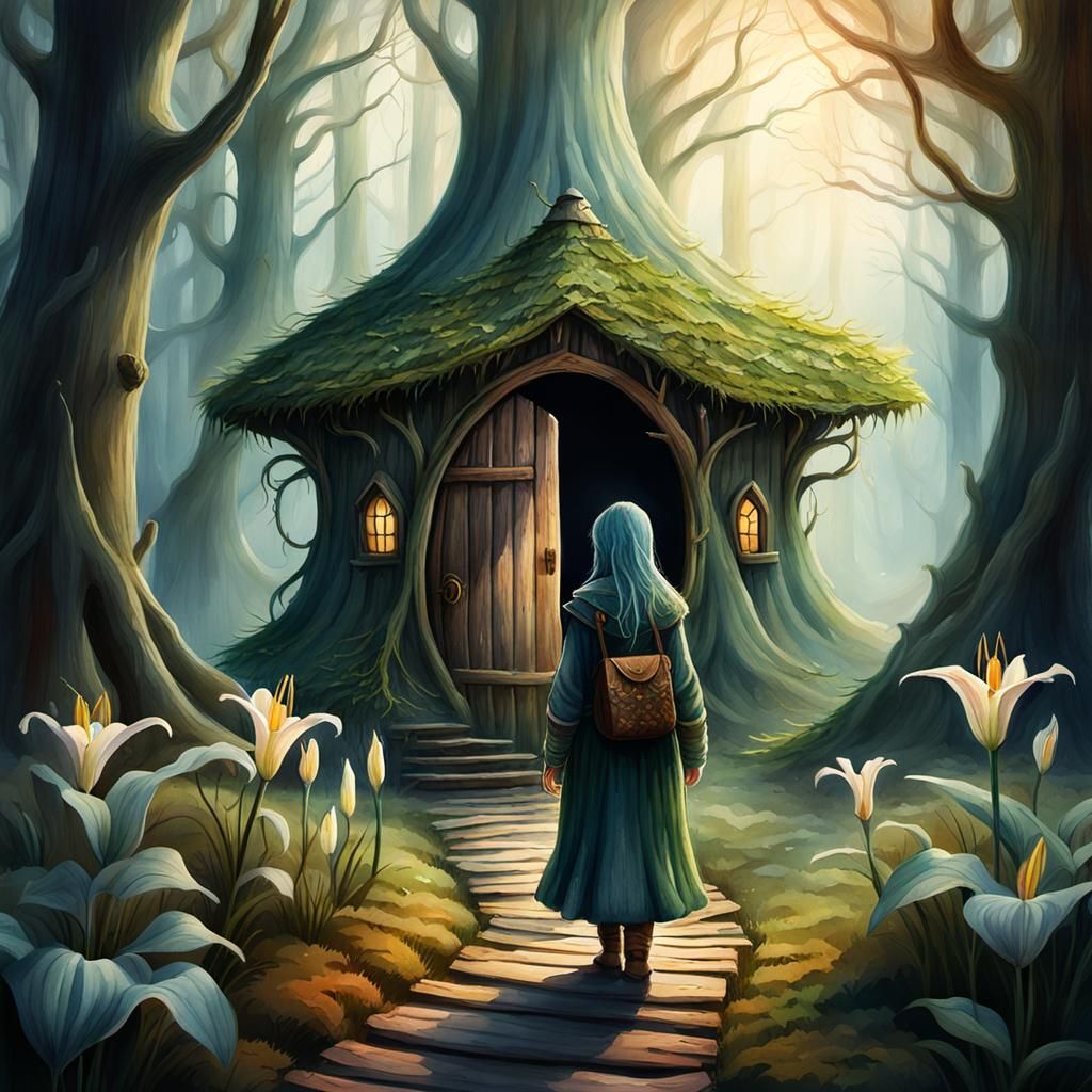 Whimsical Watercolor Figure Approaches Enchanted Hut