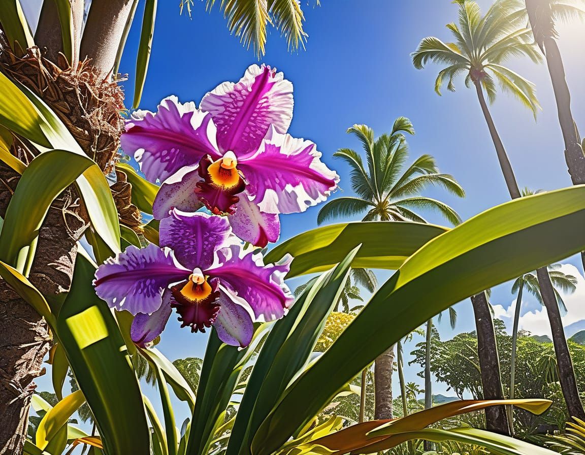 Hawaiian Orchids Bloom on Majestic Palm Tree
