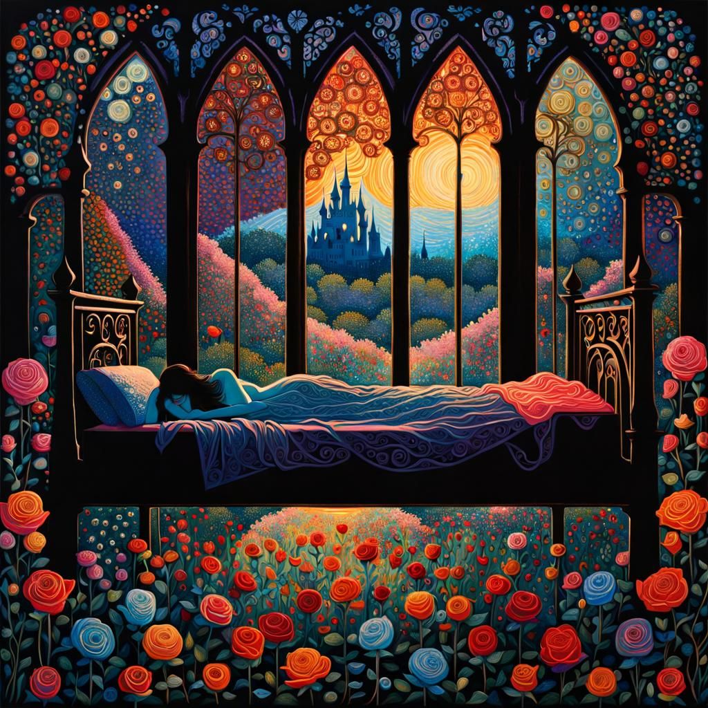 Sleeping Beauty in Bioluminescent Rose Tower, Sci-Fi Art