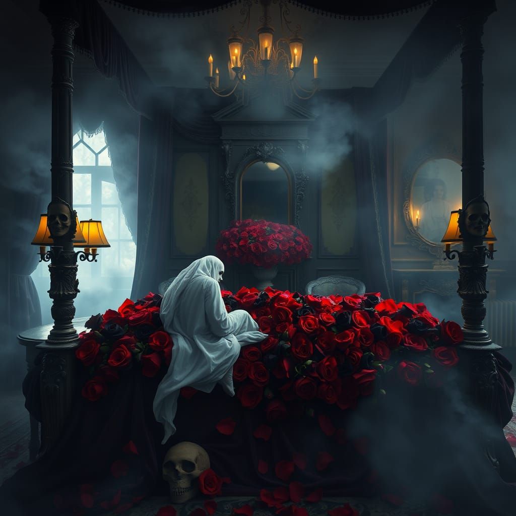 Haunting Victorian Bedroom with Roses and Apparitions