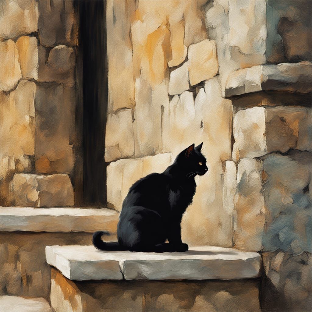 Regal Black Cat on Stone Wall at Twilight, Oil Painting Styl...