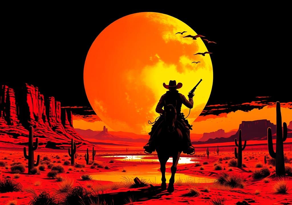 Cowboy Silhouette in Desert Landscape, Vector Art