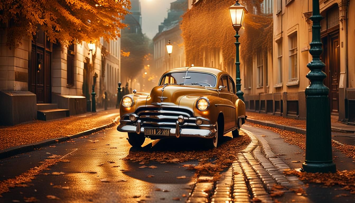 Vintage Car on Quiet Street in Cinematic Style