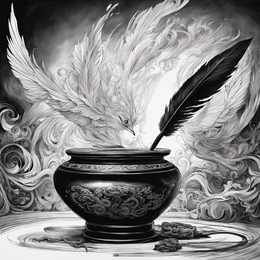 Inkwell and Quill in Japanese Ink Style