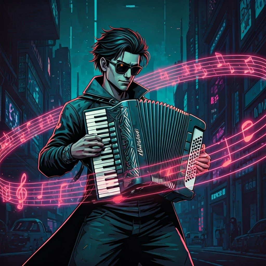 Cyberpunk Accordion Player in Comic Book Style