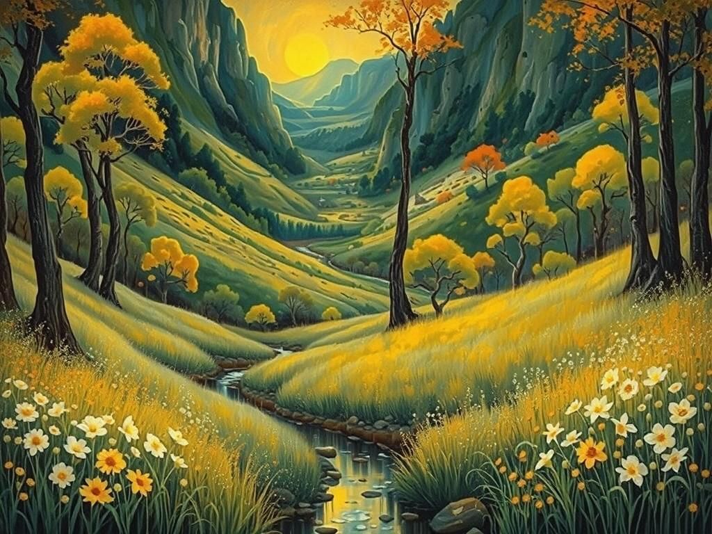 Autumn Forest Stream in Soft Sunlight and Mist