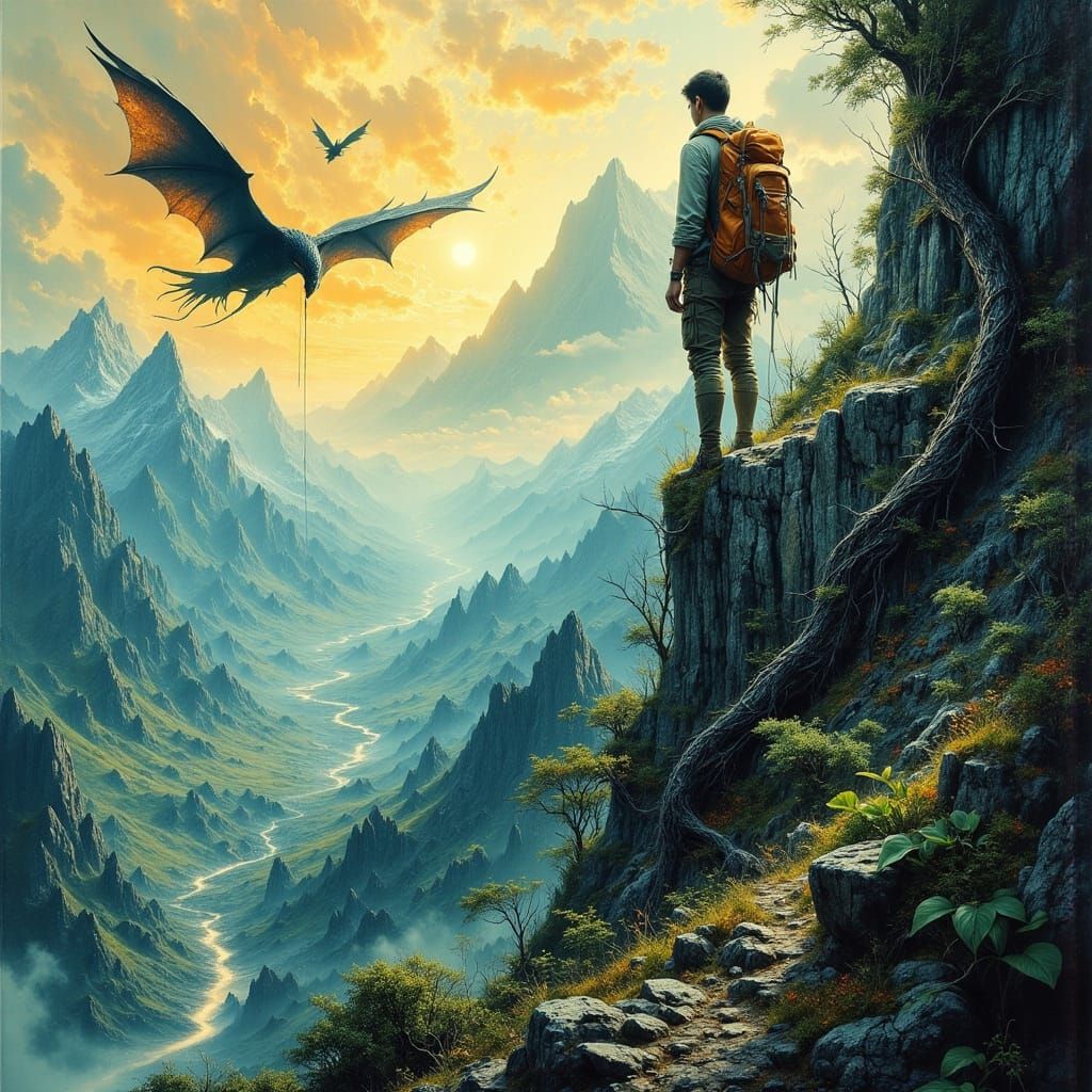 Adventurer Climbing Mountain Above Monstrous Forest