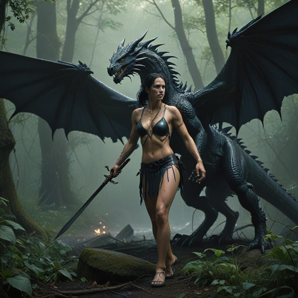 Amazonian Warrior Triumphant Over Defeated Dragon