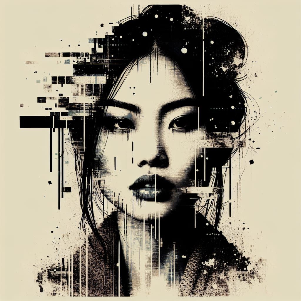 Asian Female Portrait in Sepia-Toned Digital Art