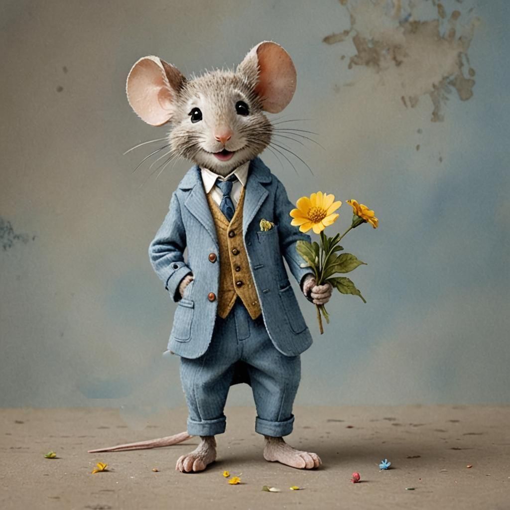 Adorable Gentleman Mouse with Flower, Whimsical Illustration