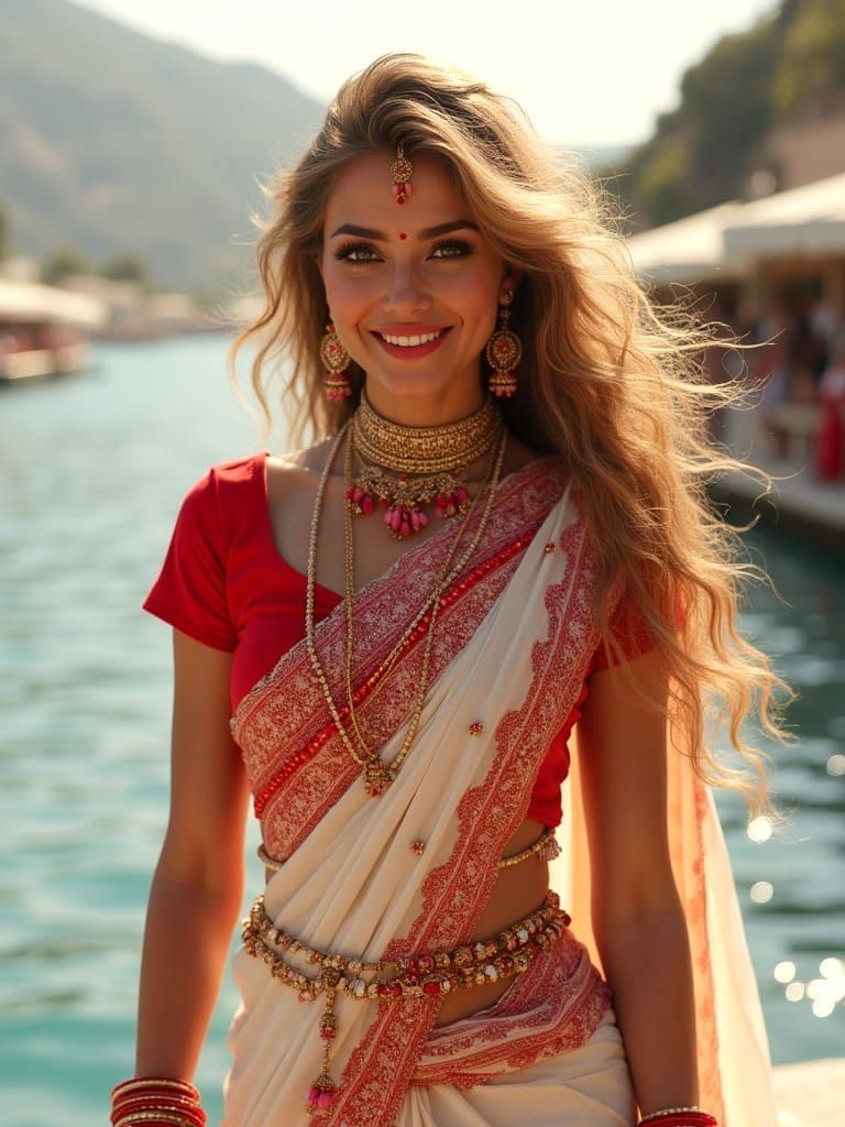 Sensual Indian Goddess Shakira in Vibrant Saree with Golden ...