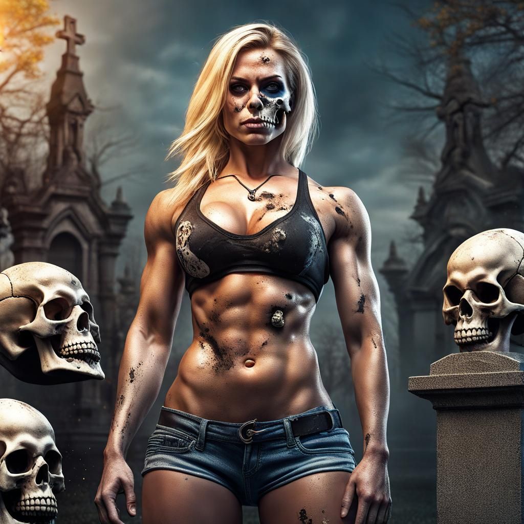 Hyperrealistic Skull-Headed Bodybuilder in Cemetery