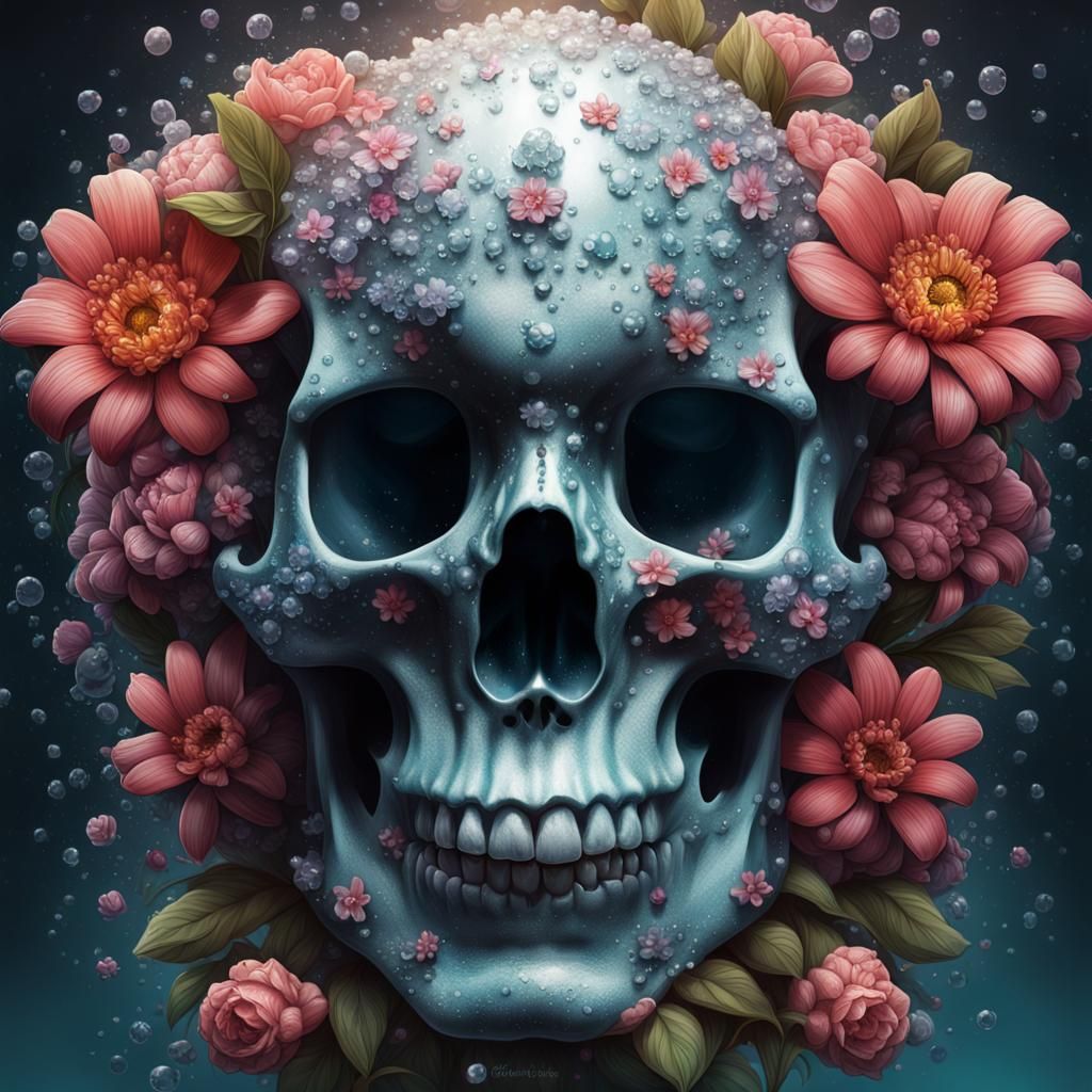 Dew-Kissed Skull Surrounded by Flowers: Hyperdetailed Portra...