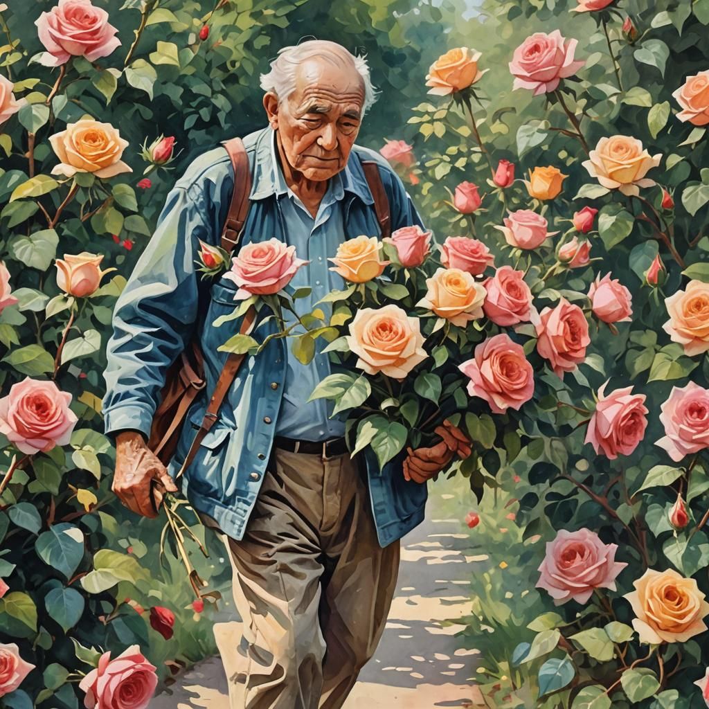 Gouache Painting of Grandfather Caring for Roses