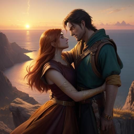 Romantic Sunset Embrace as Oil Painting