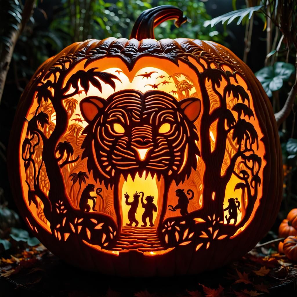 Intricate Jungle Animals Carved on Halloween Pumpkin