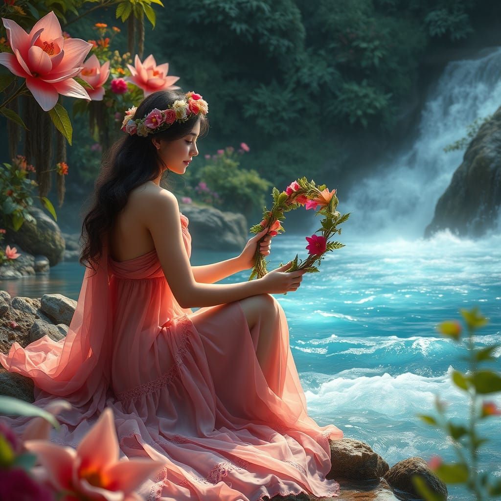 Serene Beauty Weaves Floral Wreath on Lush Shore