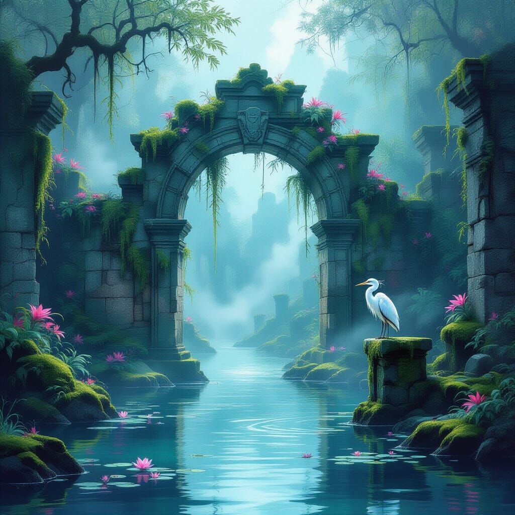 Mossy Stone Archway in Ethereal Misty Lagoon