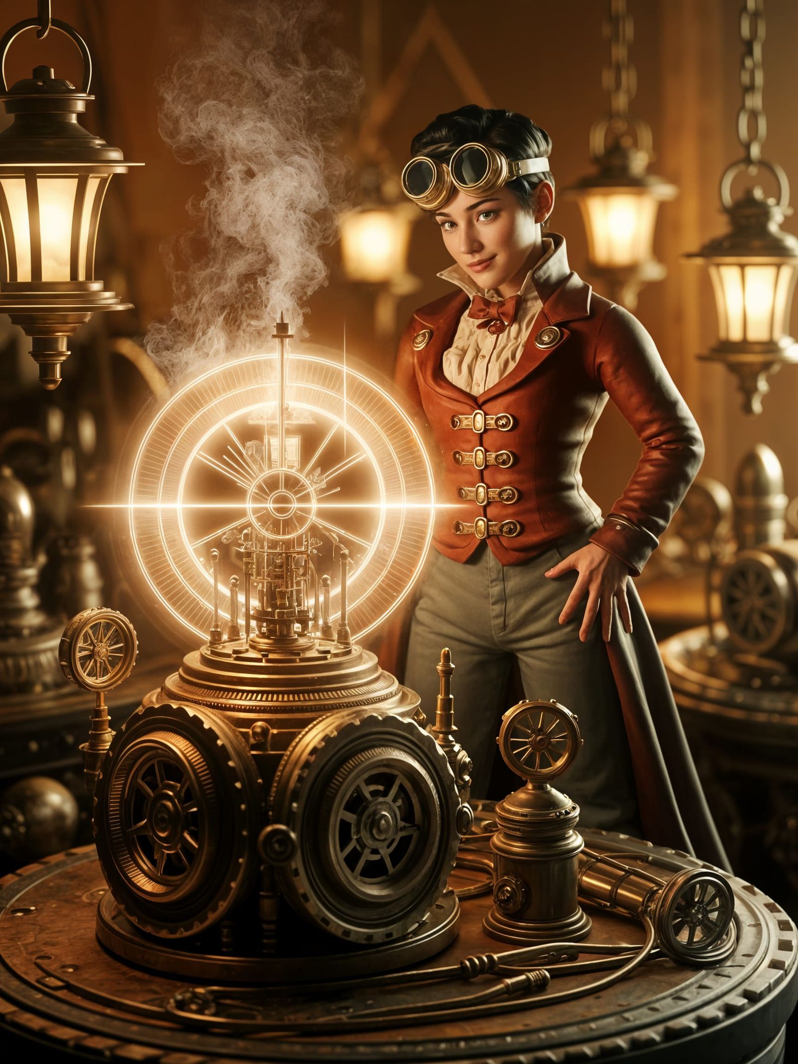 Steampunk Inventor Beside Time-Traveling Device in Victorian...