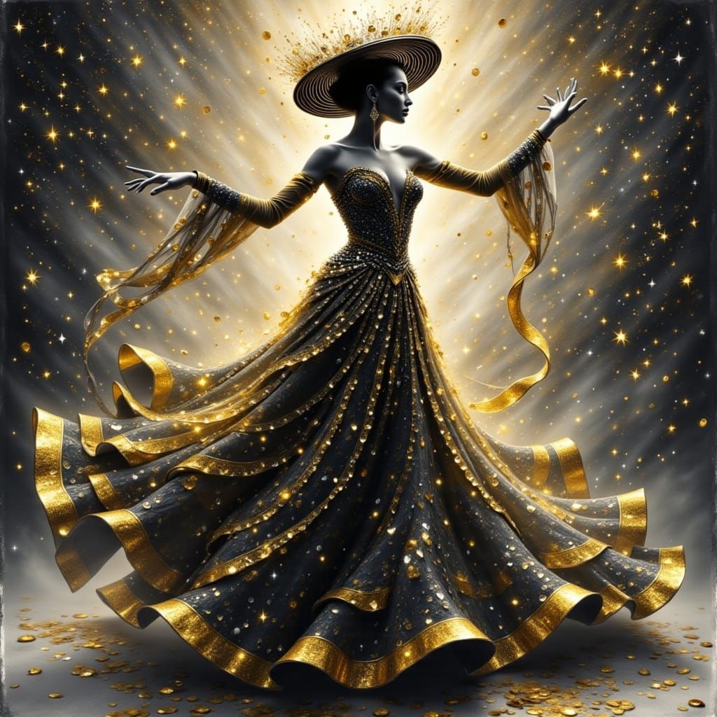 ink wash, aerosolgrafia, full length dancing lady with sparkling diamonds and crystals, elegant hat,  embellished gown, ...