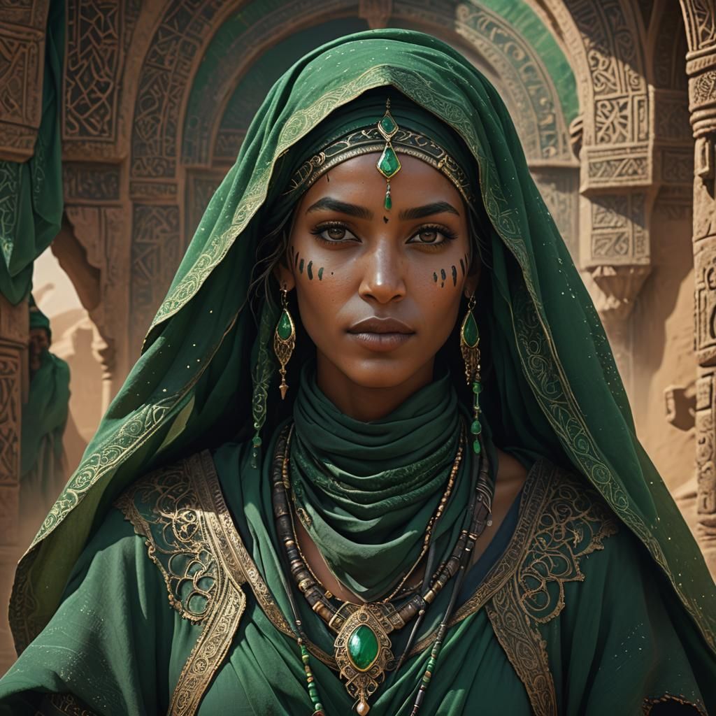 Tuareg Woman with Emerald Veil: Detailed Matte Painting