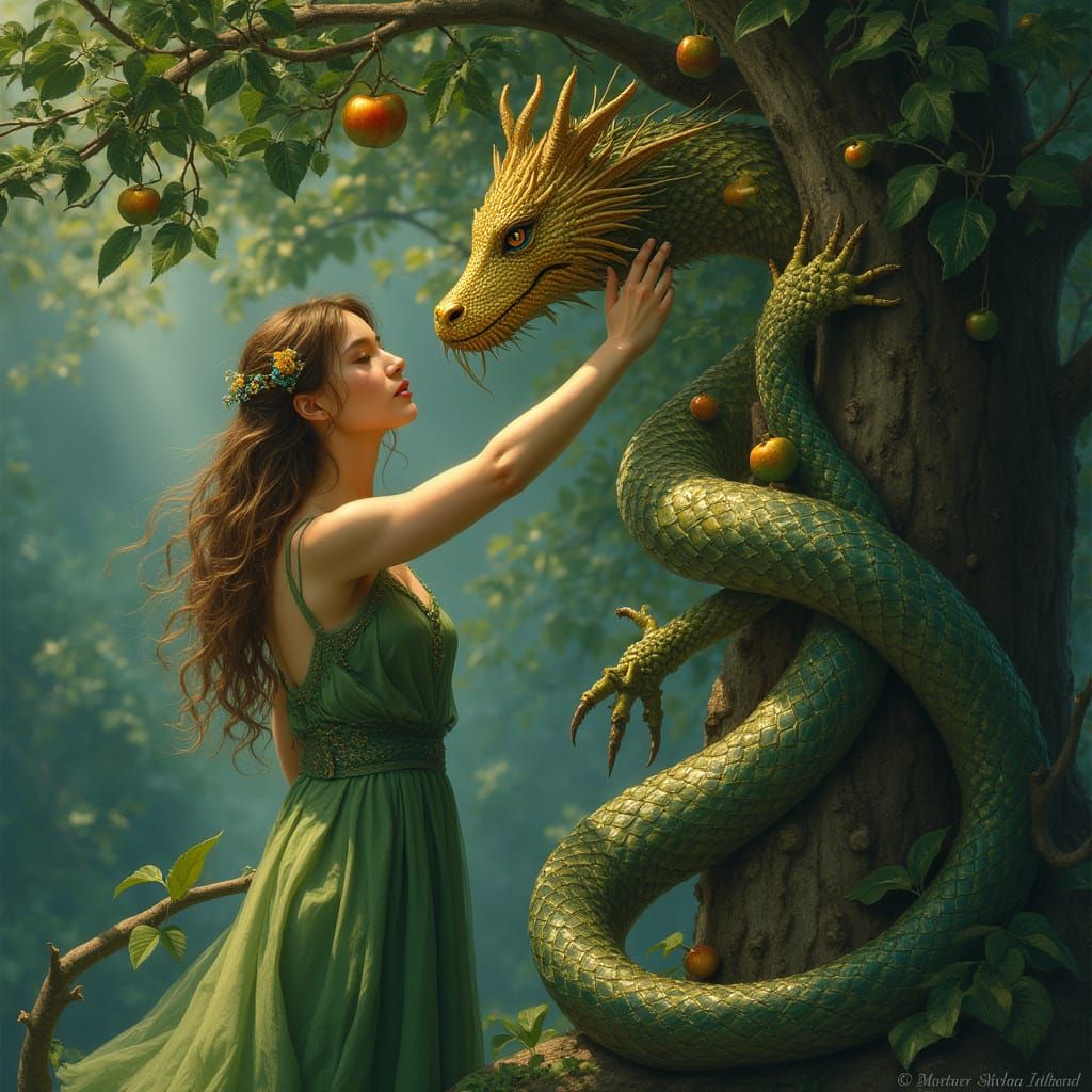 Eve Plucks the Golden Apple in a Dreamlike Garden