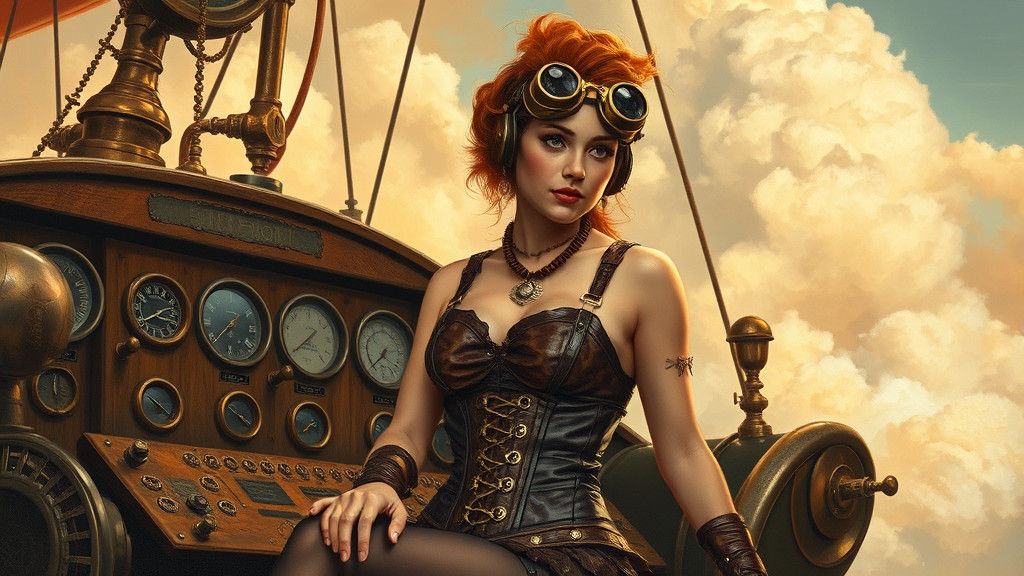 Steampunk Lady on Airship, Oil Painting Style