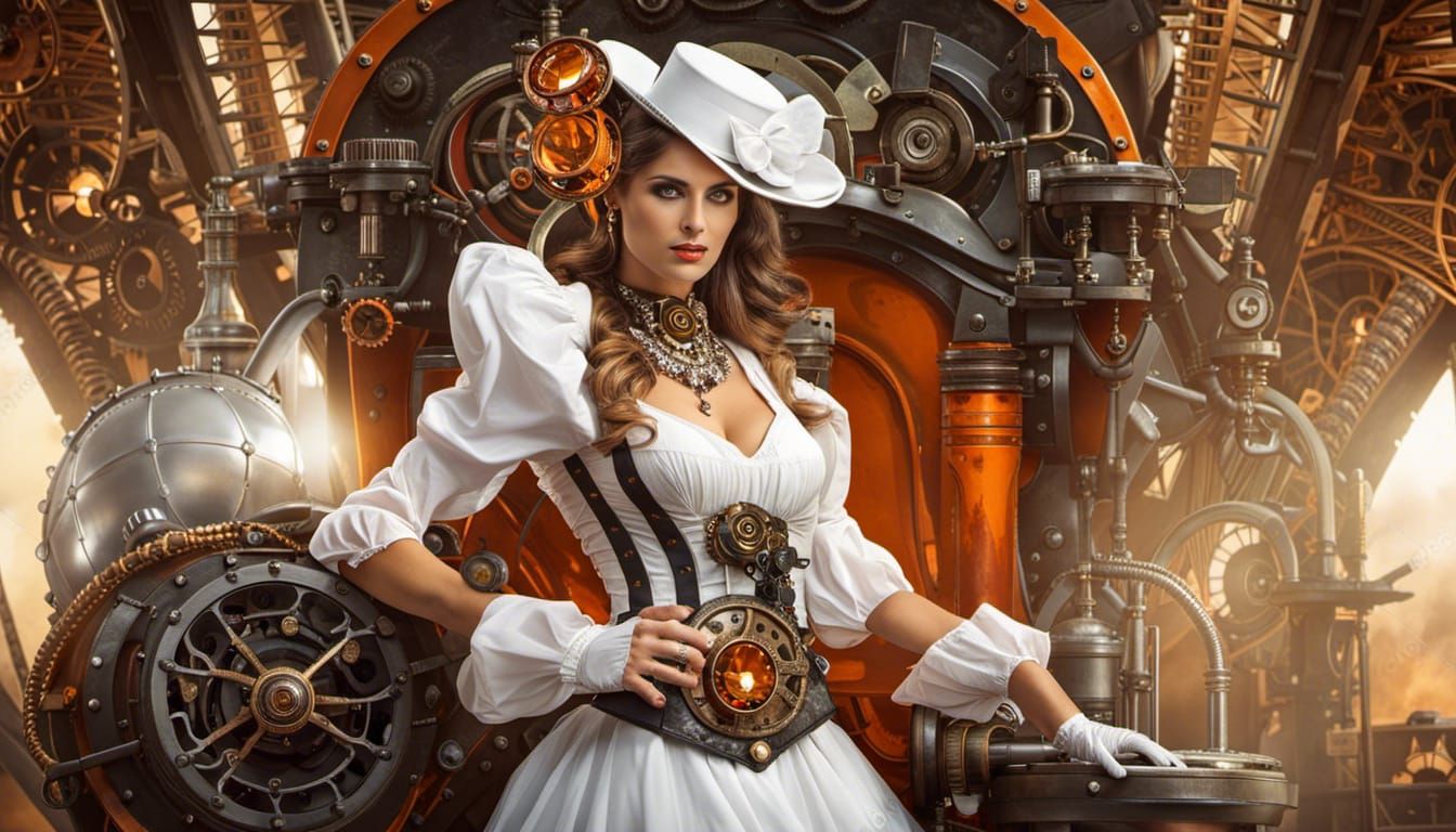 Steampunk Lady in White Dress with Orange Jewel