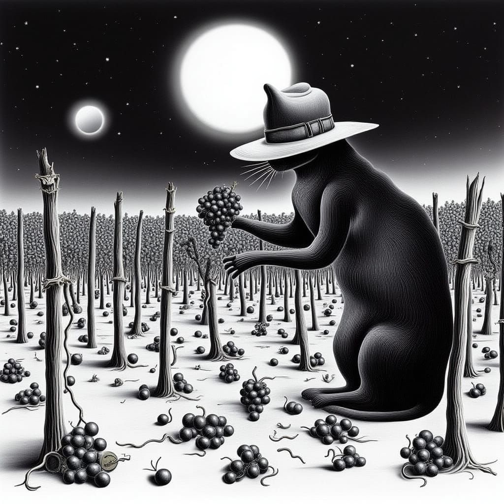 Mysterious Feline Vineyard Scene in Whimsical Pencil Style