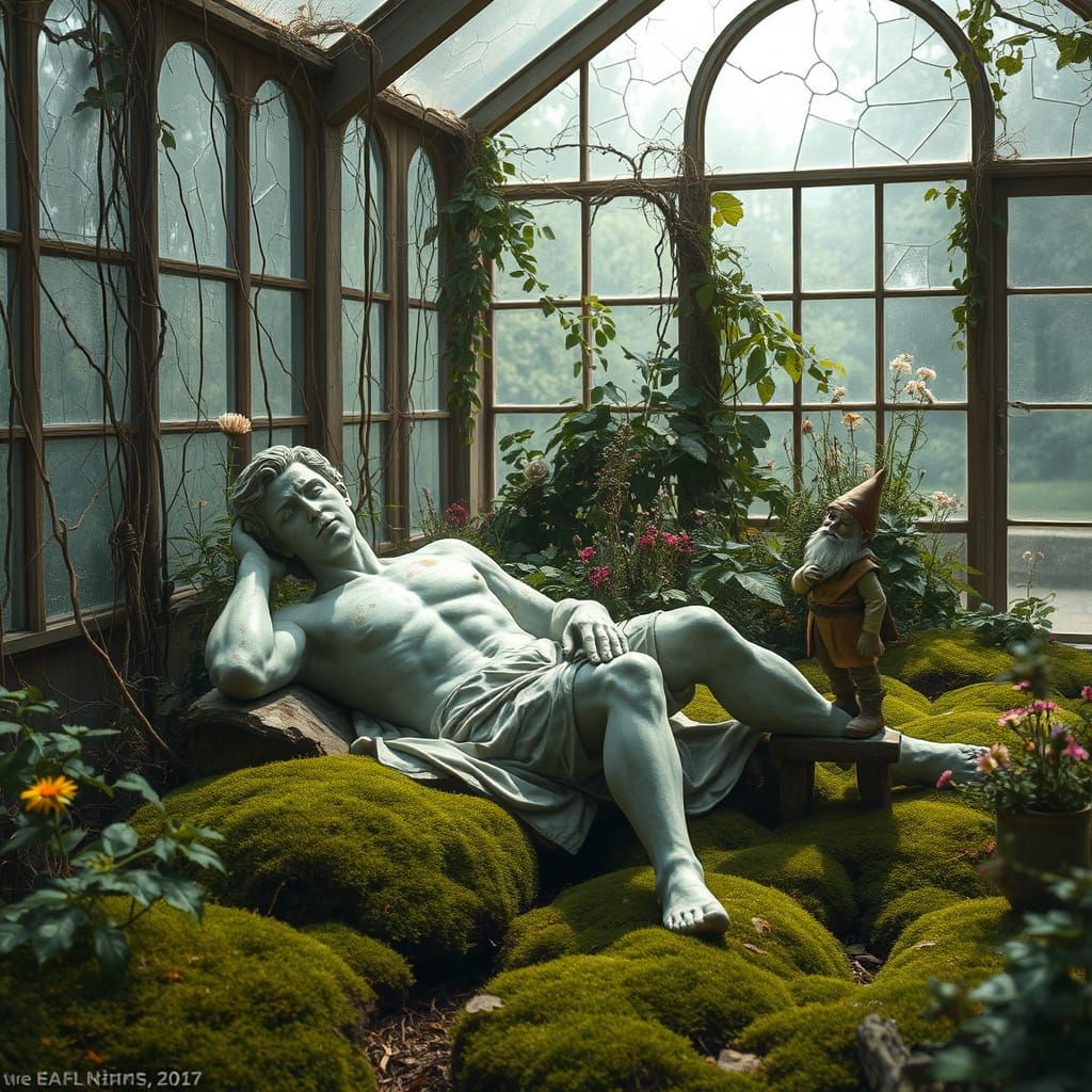 Overgrown Greenhouse: Weathered Statue and Silent Watcher