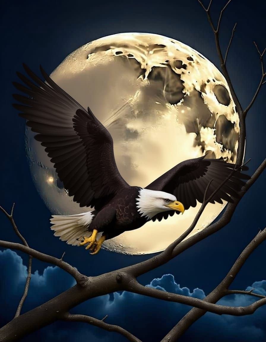 Bald Eagle Soars Under a Bright Full Moon