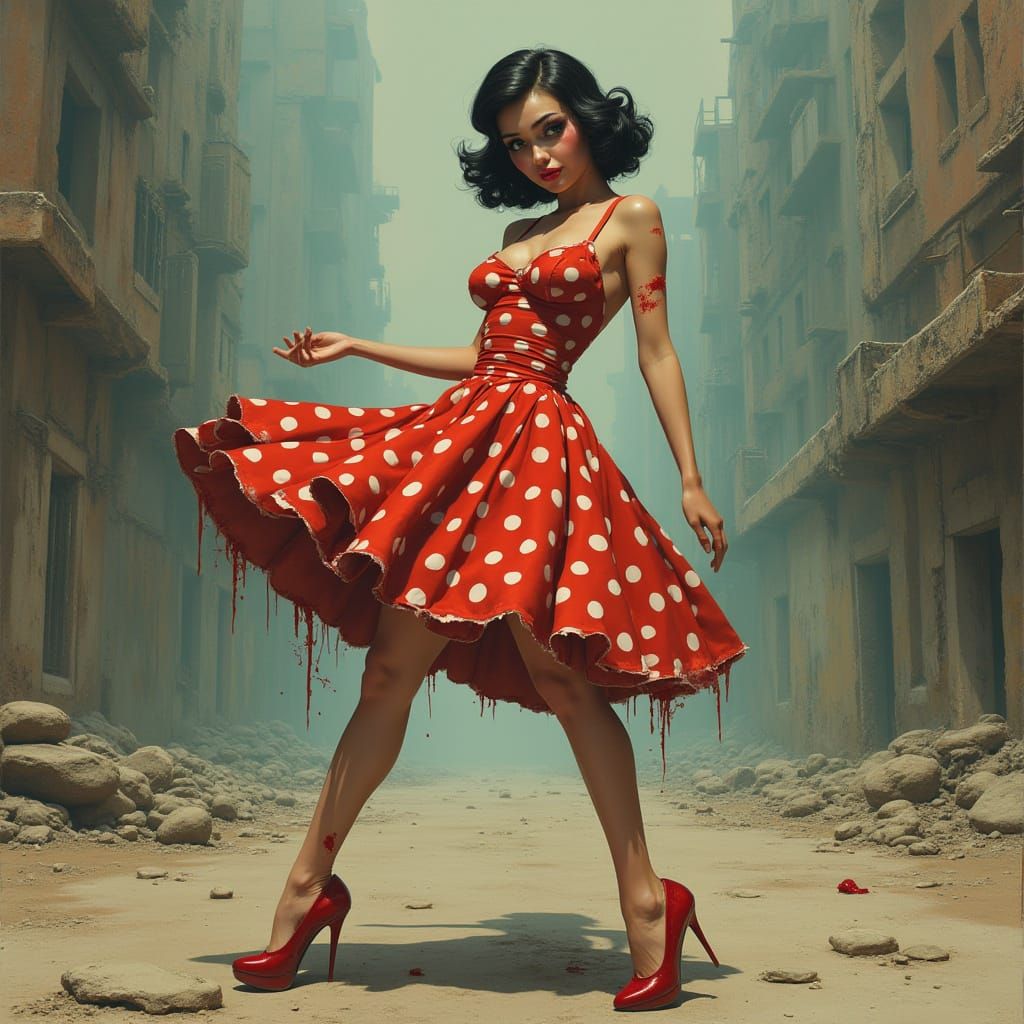 Retro-Futuristic Zombie Pin-Up Girl in Desolate Cityscape