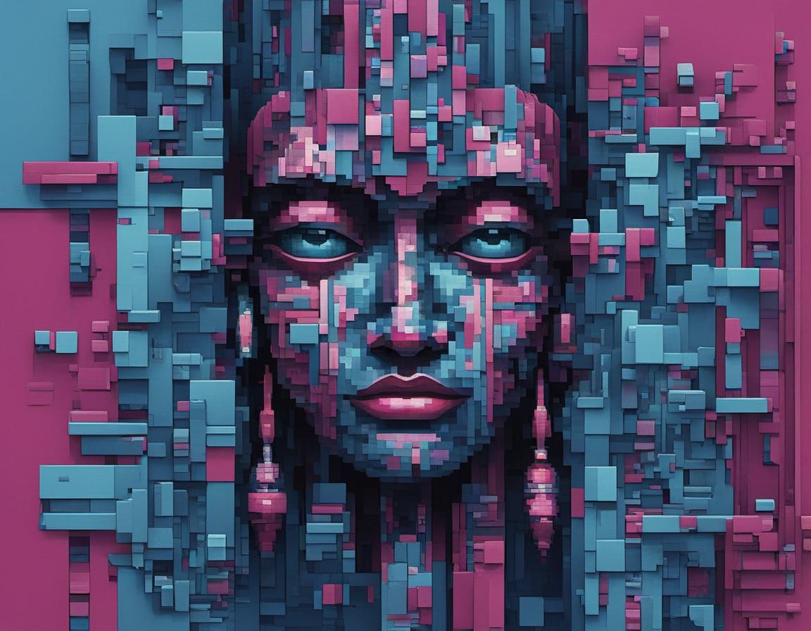 Surreal Abstract Totem Pole Painting in Prussian Blue